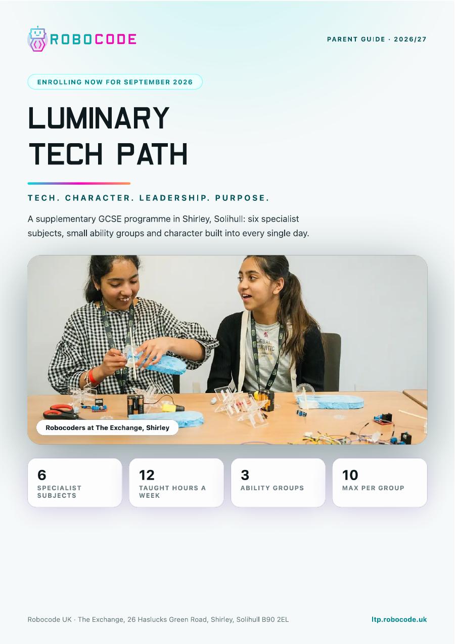 Cover of the Luminary Tech Path parent guide 2026/27